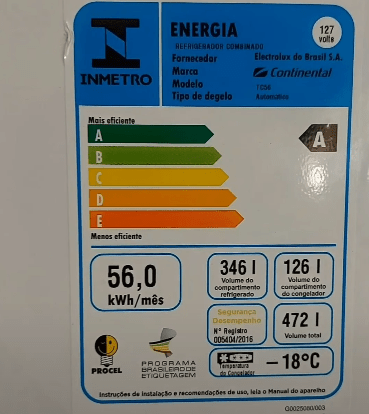 consumo geladeira continental TC56S